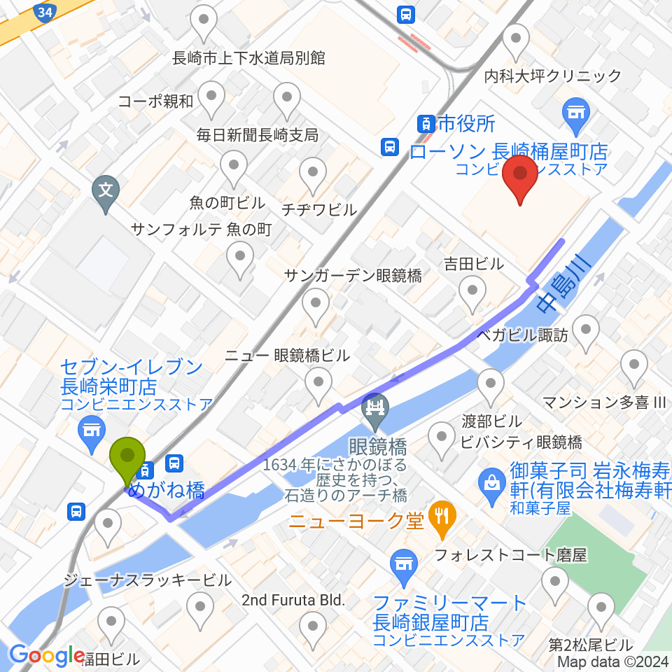 めがね橋駅から長崎市民体育館 へのルートマップ地図