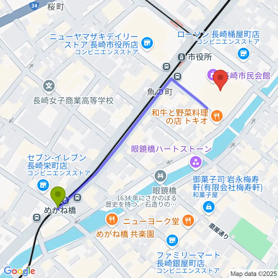 めがね橋駅から長崎市民体育館 へのルートマップ地図