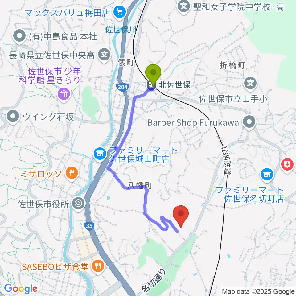 北佐世保駅から長崎県立武道館へのルートマップ地図