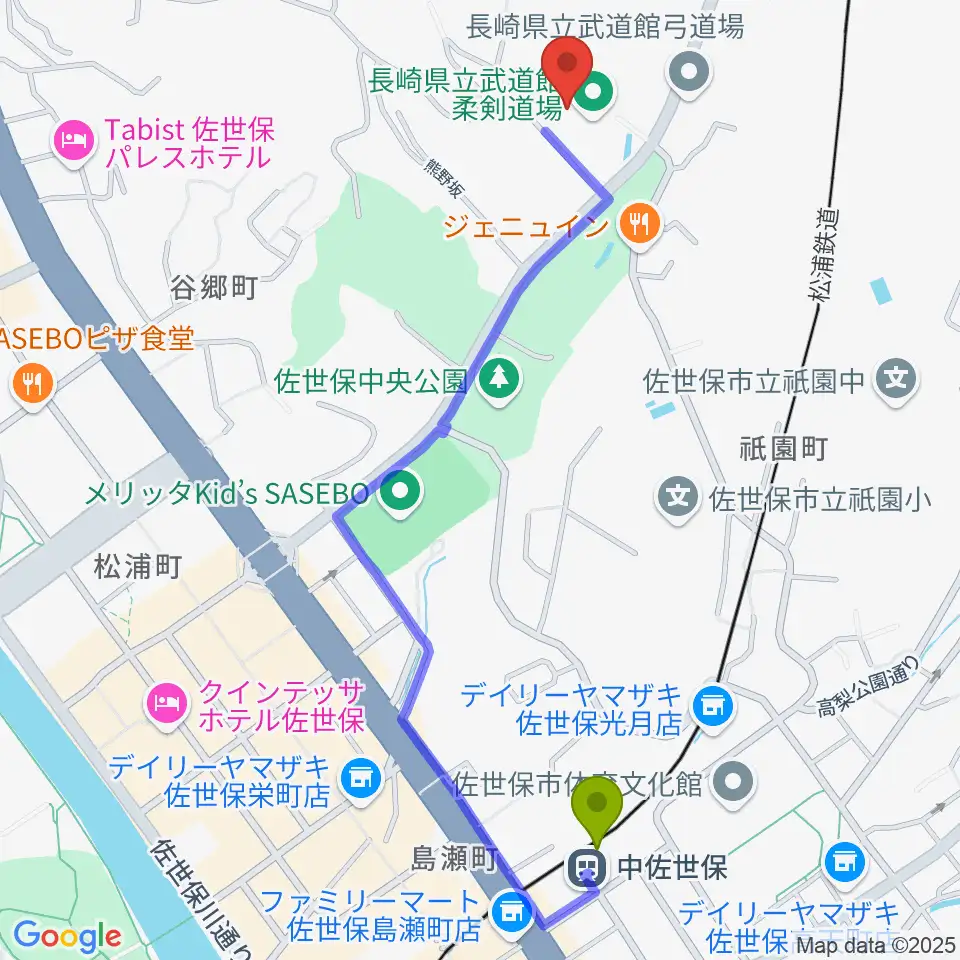 長崎県立武道館の最寄駅中佐世保駅からの徒歩ルート（約12分）地図