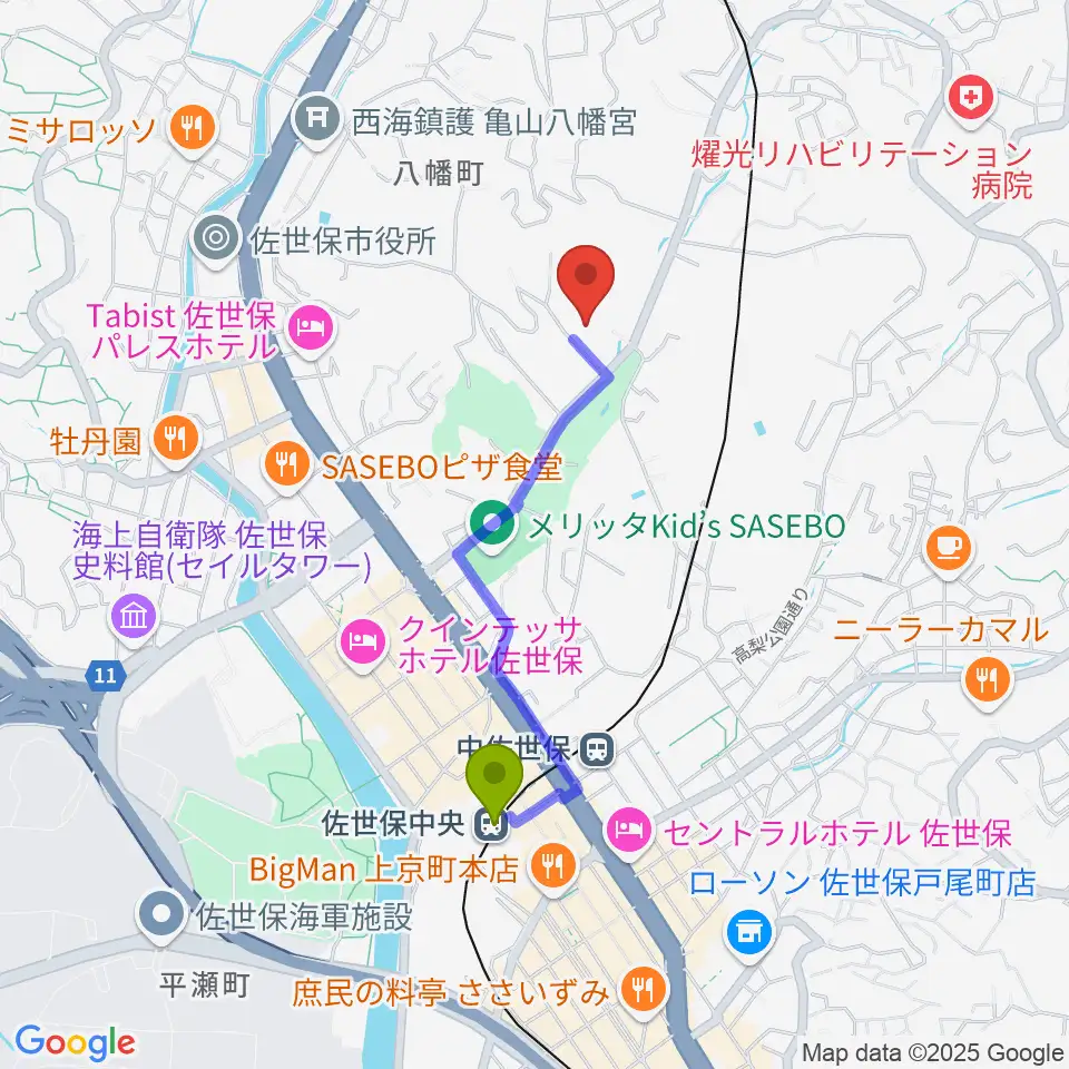 佐世保中央駅から長崎県立武道館へのルートマップ地図