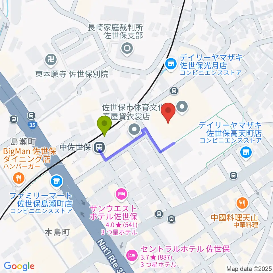 佐世保市体育文化館の最寄駅中佐世保駅からの徒歩ルート（約2分）地図