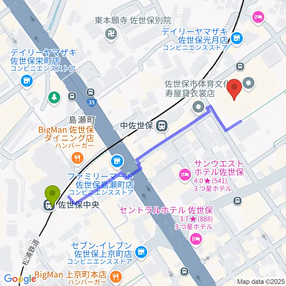 佐世保中央駅から佐世保市体育文化館へのルートマップ地図