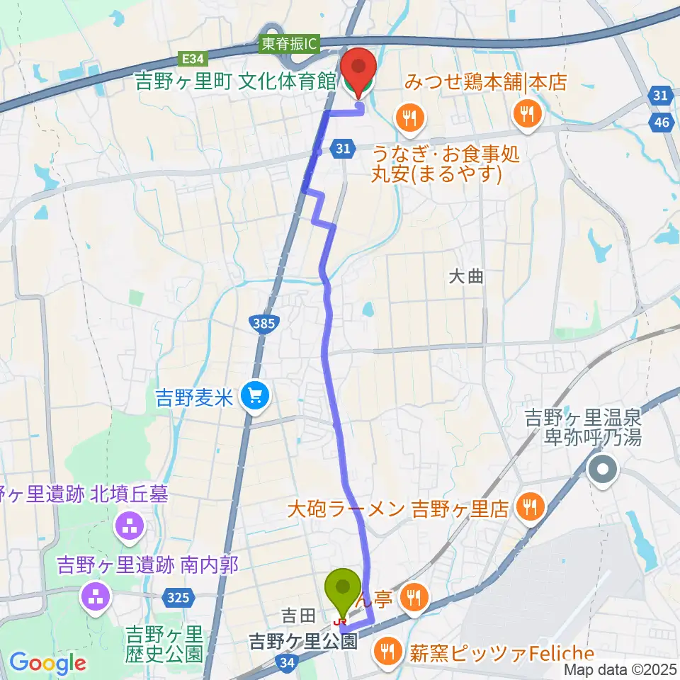 吉野ヶ里町文化体育館の最寄駅吉野ケ里公園駅からの徒歩ルート（約49分）地図