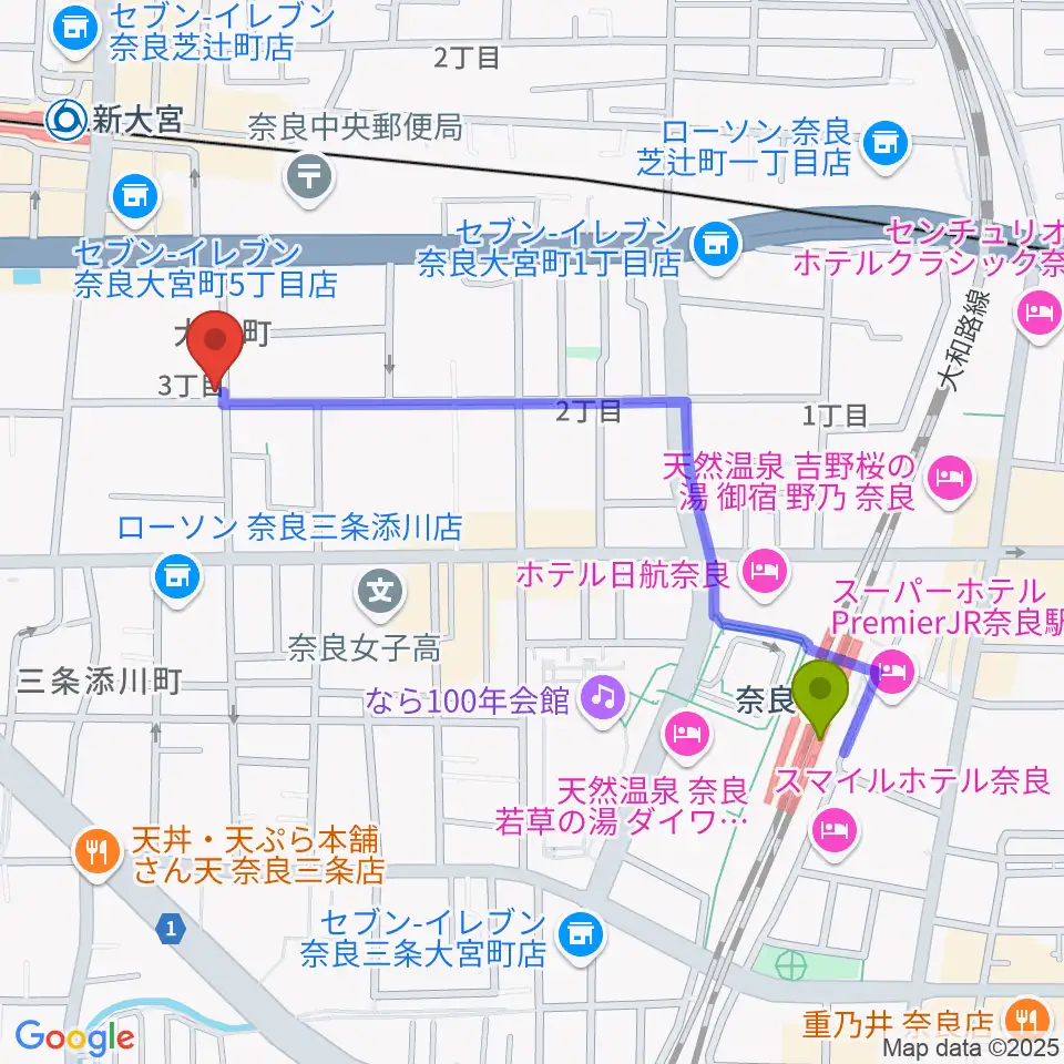 奈良駅からEフラット音楽スタジオへのルートマップ地図