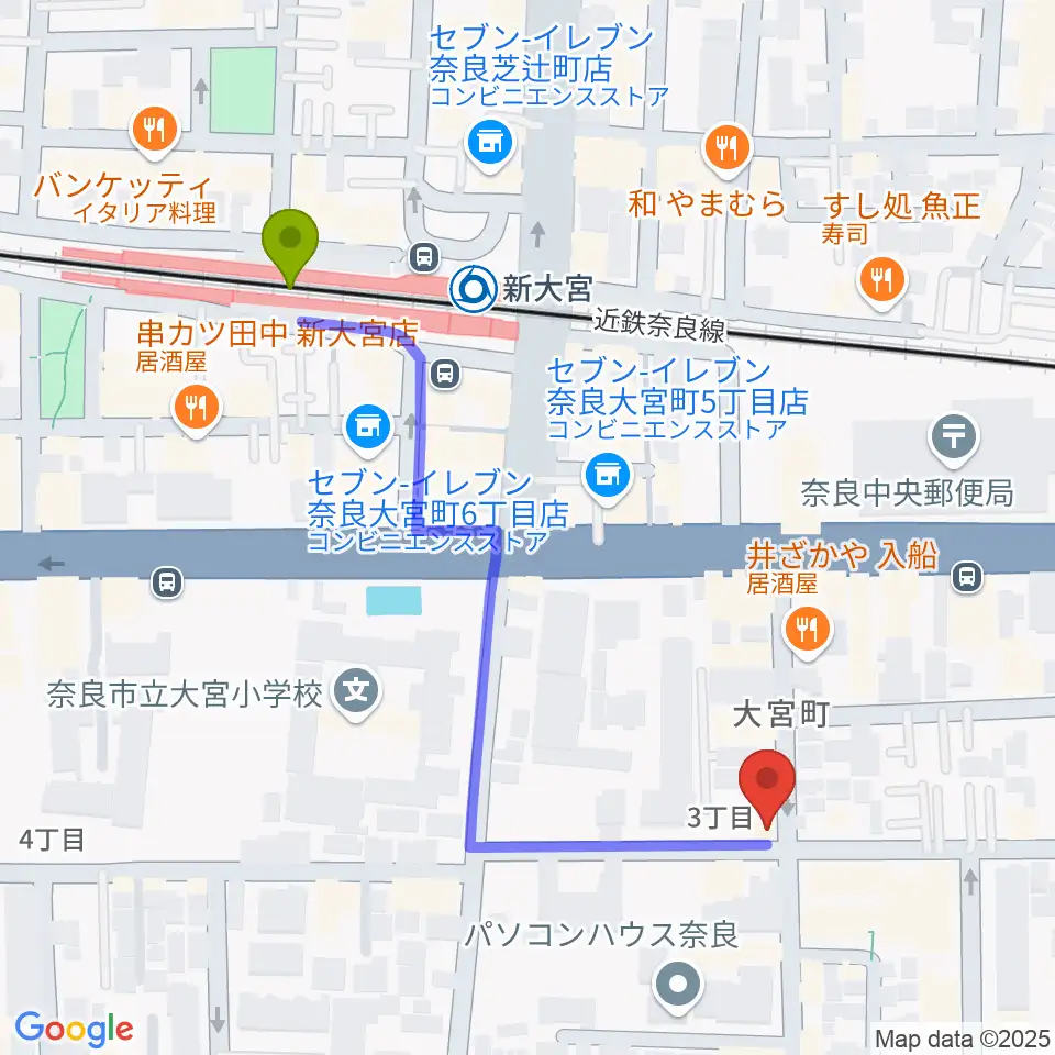 Eフラット音楽スタジオの最寄駅新大宮駅からの徒歩ルート（約5分）地図