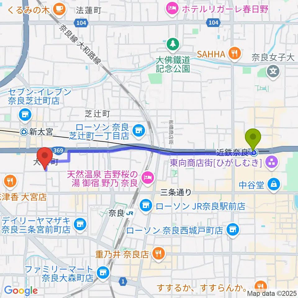 近鉄奈良駅からEフラット音楽スタジオへのルートマップ地図