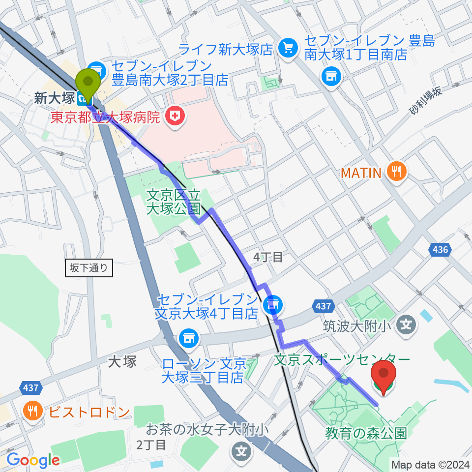 新大塚駅から文京スポーツセンターへのルートマップ地図