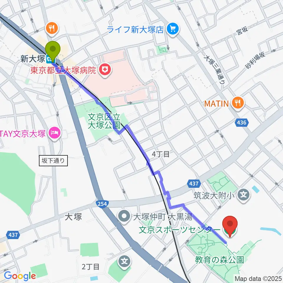 新大塚駅から文京スポーツセンターへのルートマップ地図