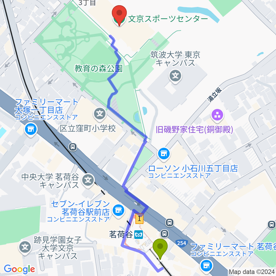 文京スポーツセンターの最寄駅茗荷谷駅からの徒歩ルート（約7分）地図