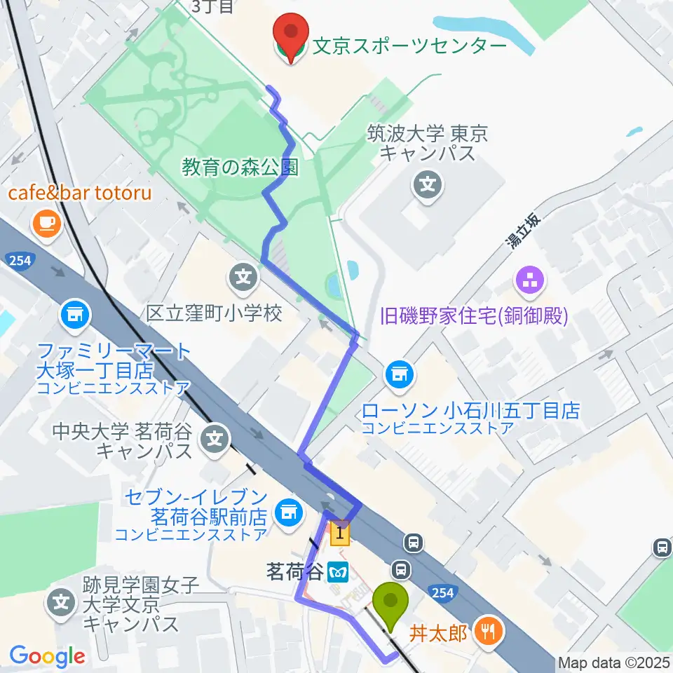 文京スポーツセンターの最寄駅茗荷谷駅からの徒歩ルート（約7分）地図