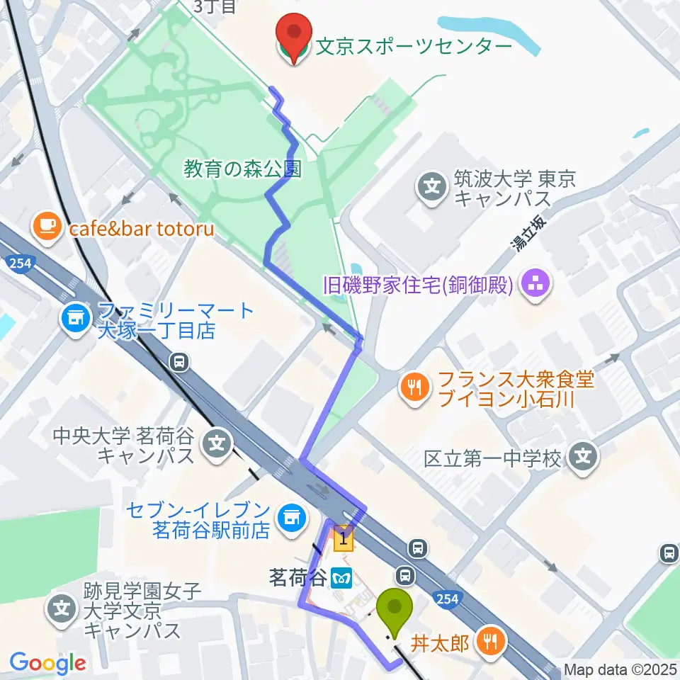 文京スポーツセンターの最寄駅茗荷谷駅からの徒歩ルート（約7分）地図