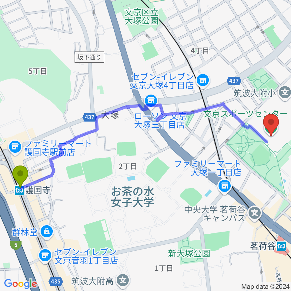 護国寺駅から文京スポーツセンターへのルートマップ地図
