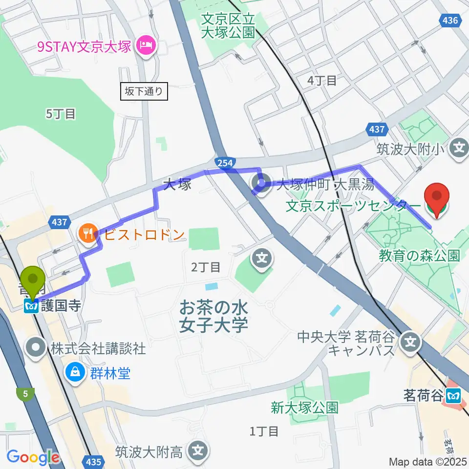 護国寺駅から文京スポーツセンターへのルートマップ地図