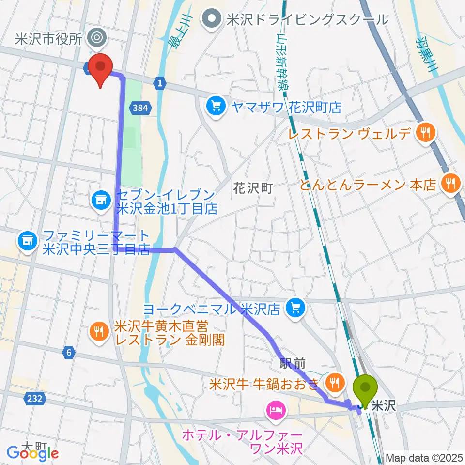 米沢市営体育館の最寄駅米沢駅からの徒歩ルート（約27分） MDATA
