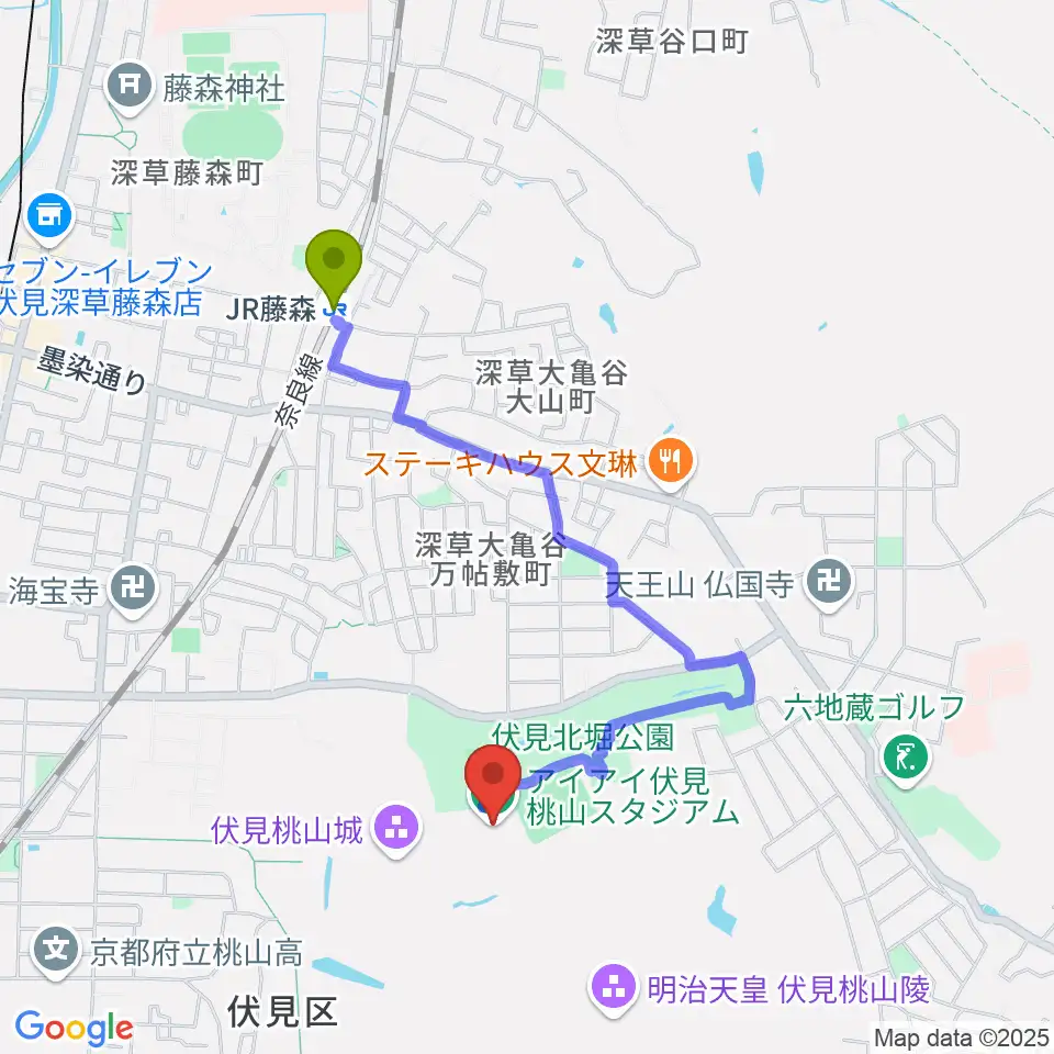 アイアイ伏見桃山スタジアムの最寄駅ＪＲ藤森駅からの徒歩ルート（約16分）地図