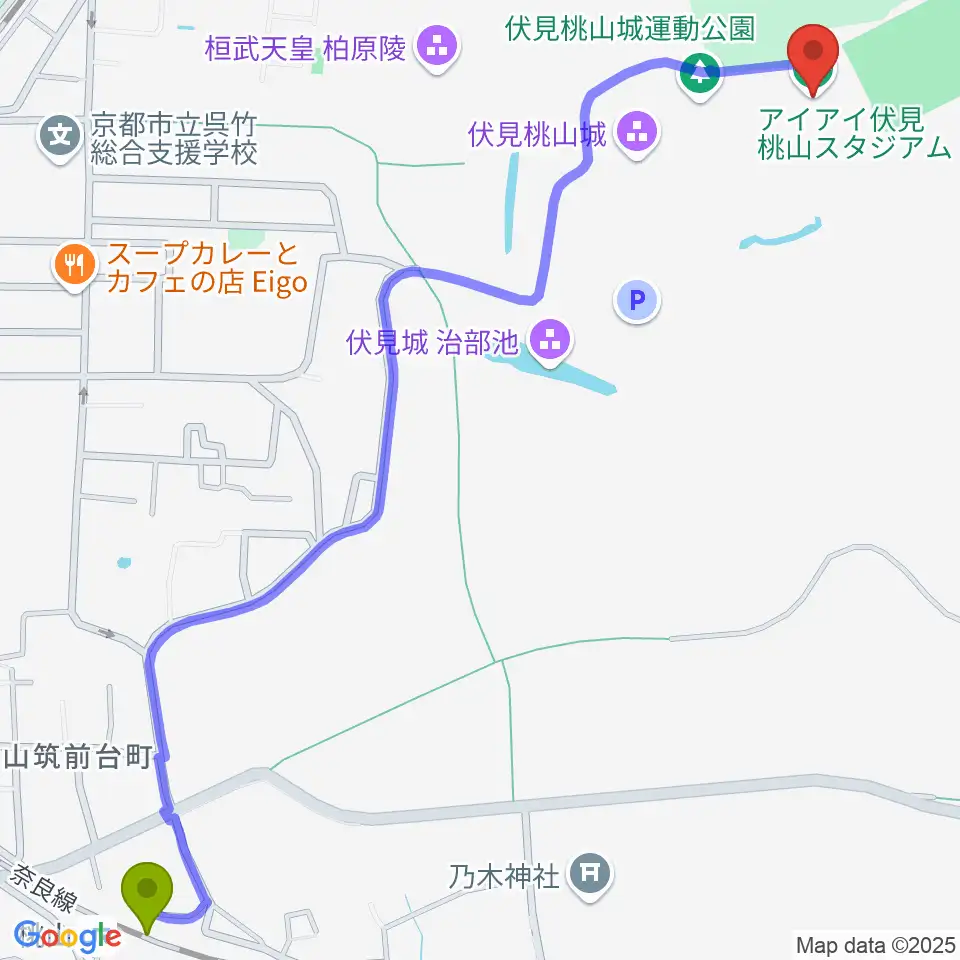 桃山駅からアイアイ伏見桃山スタジアムへのルートマップ地図