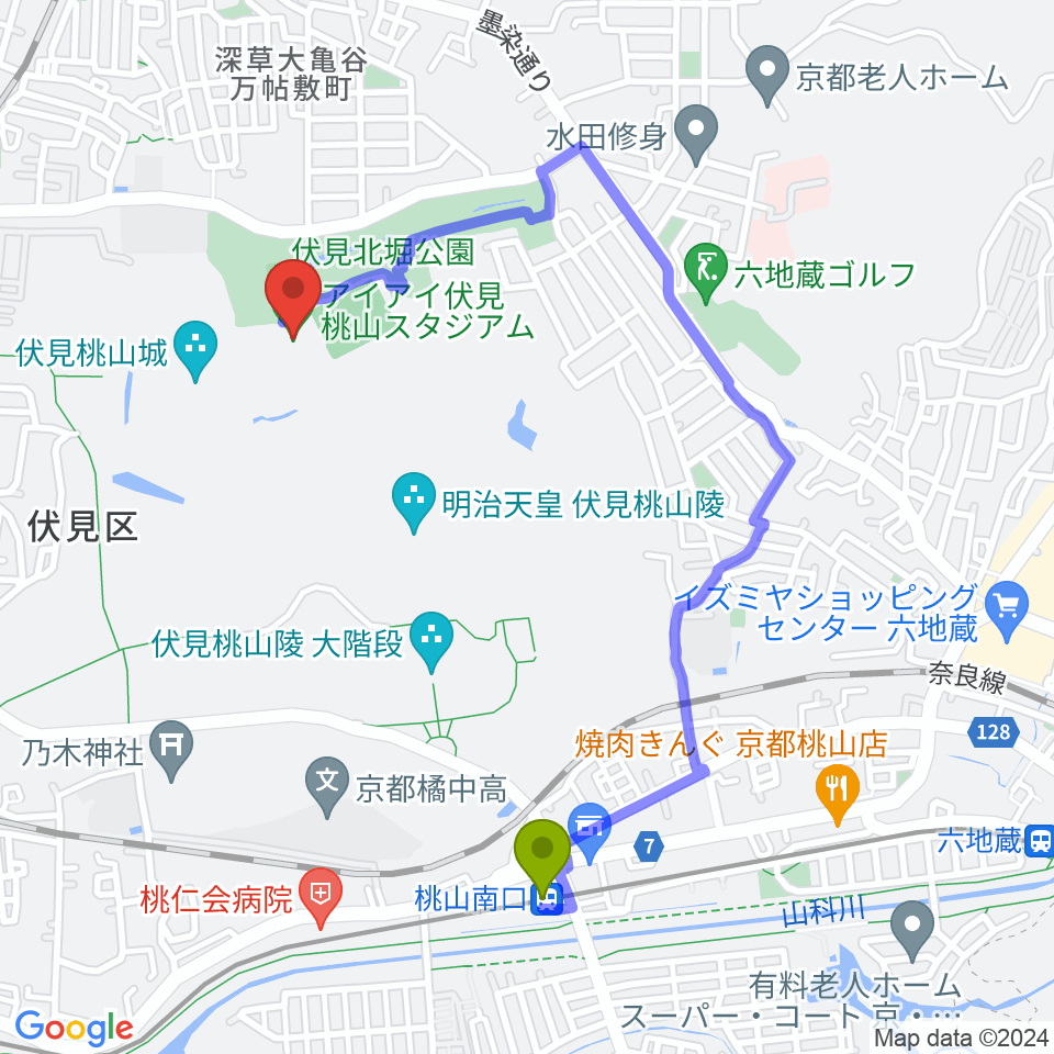 桃山南口駅からアイアイ伏見桃山スタジアムへのルートマップ地図