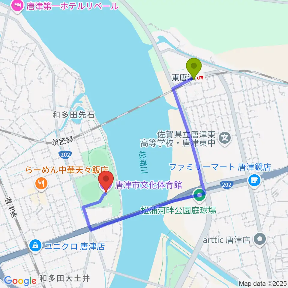 唐津市文化体育館の最寄駅東唐津駅からの徒歩ルート（約16分）地図