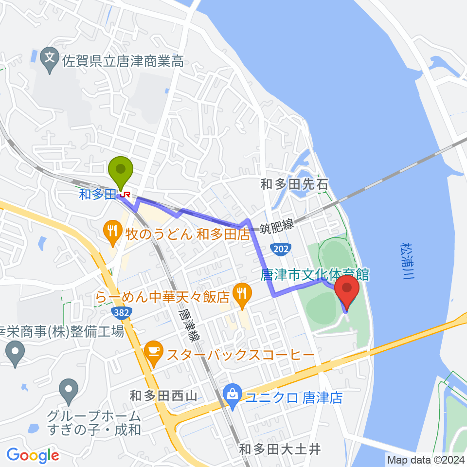 和多田駅から唐津市文化体育館へのルートマップ地図