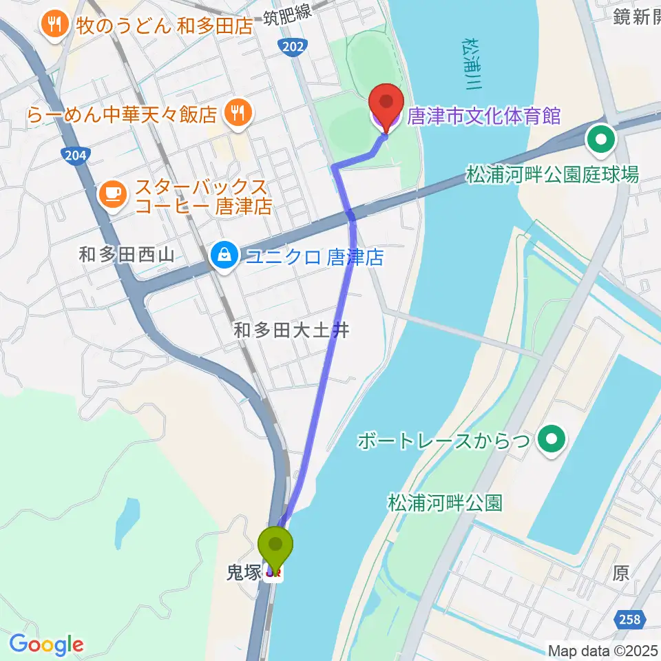 鬼塚駅から唐津市文化体育館へのルートマップ地図