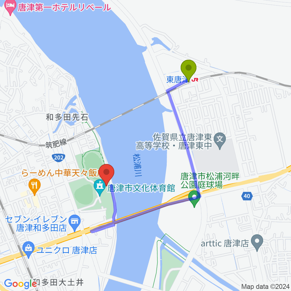 唐津市陸上競技場の最寄駅東唐津駅からの徒歩ルート（約14分）地図