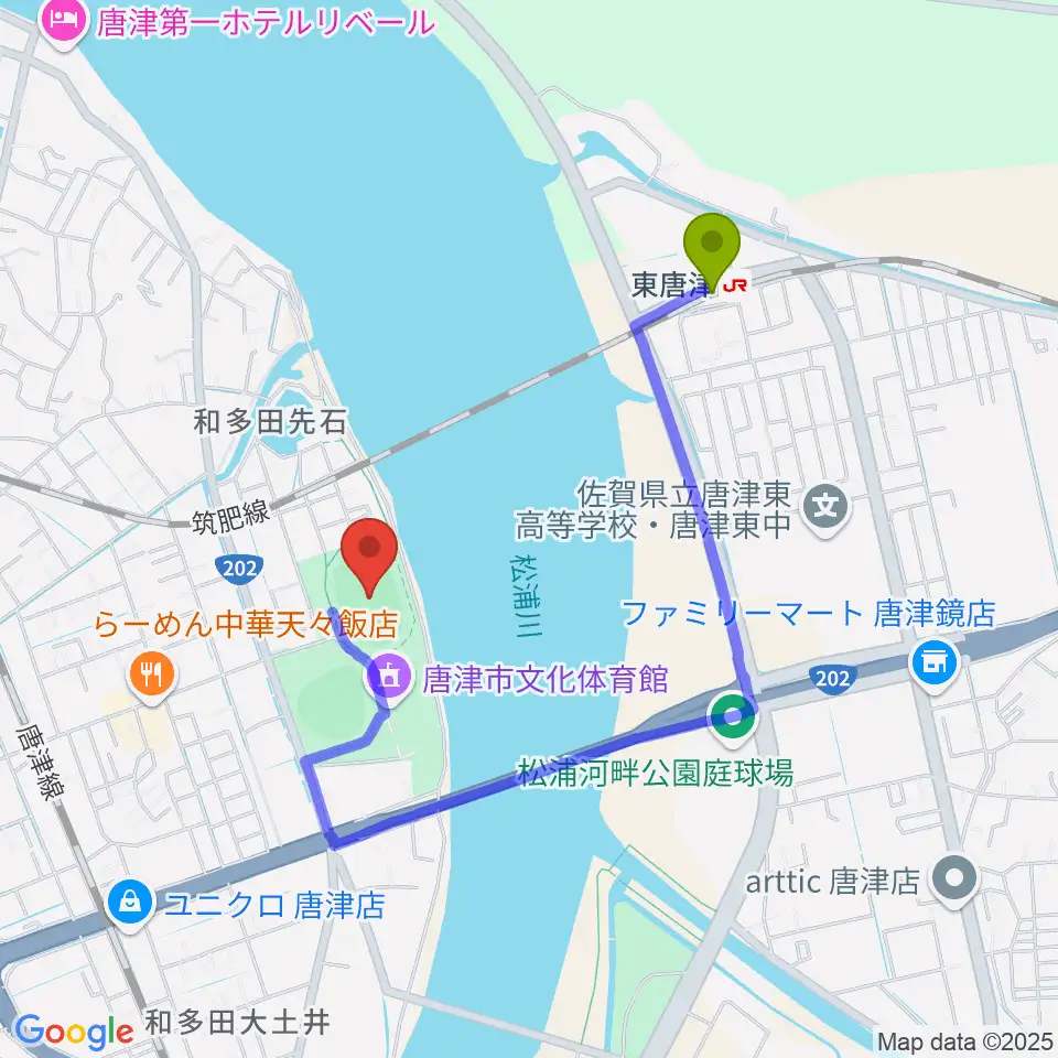 唐津市陸上競技場の最寄駅東唐津駅からの徒歩ルート（約14分）地図