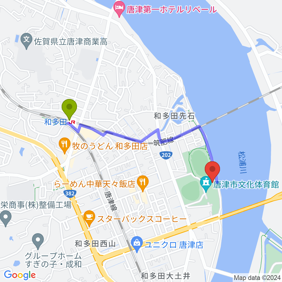 和多田駅から唐津市陸上競技場へのルートマップ地図