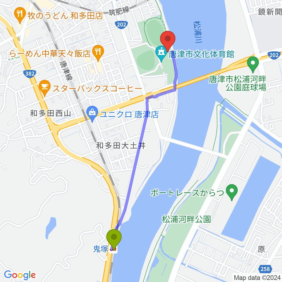 鬼塚駅から唐津市陸上競技場へのルートマップ地図