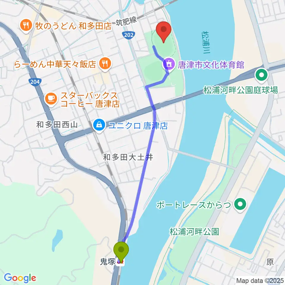 鬼塚駅から唐津市陸上競技場へのルートマップ地図