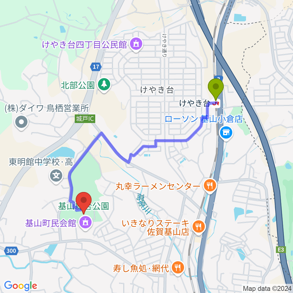 けやき台駅から基山町総合体育館へのルートマップ地図