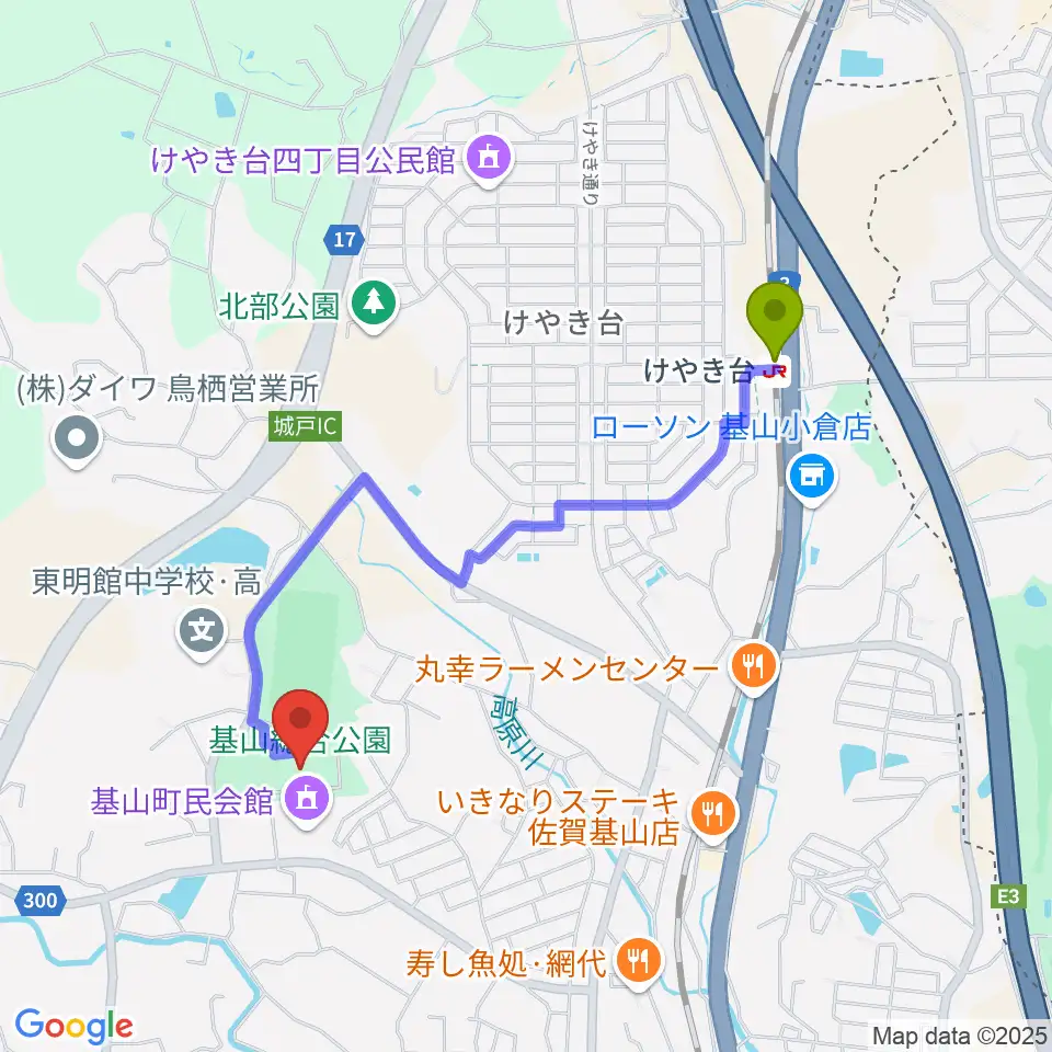 けやき台駅から基山町総合体育館へのルートマップ地図