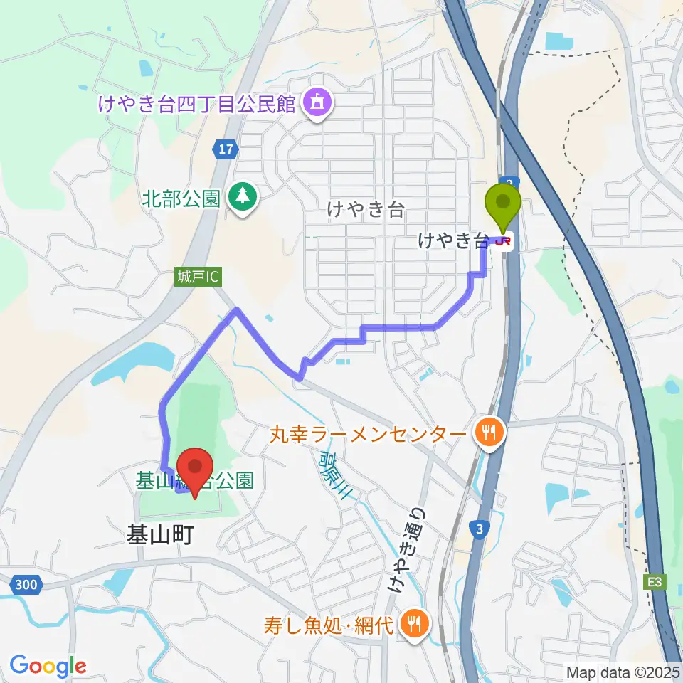 けやき台駅から基山町総合体育館へのルートマップ地図