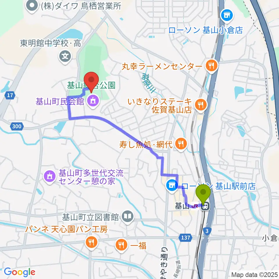 基山町総合体育館の最寄駅基山駅からの徒歩ルート（約18分）地図