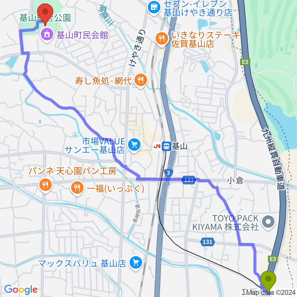 立野駅から基山町総合体育館へのルートマップ地図