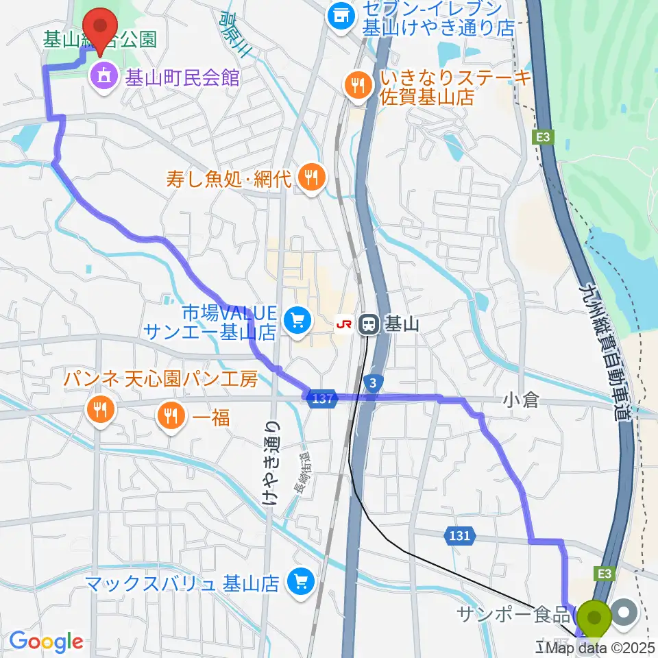 立野駅から基山町総合体育館へのルートマップ地図