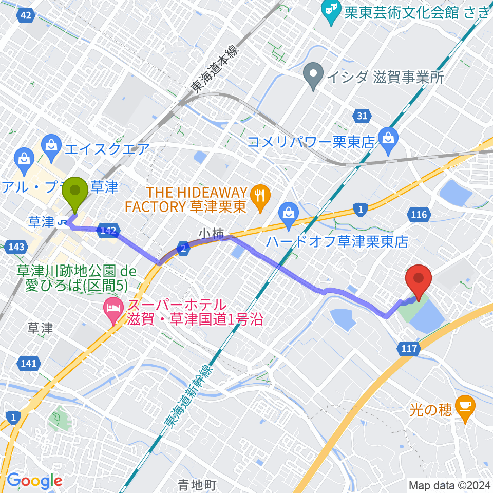 草津駅から栗東市民体育館へのルートマップ地図