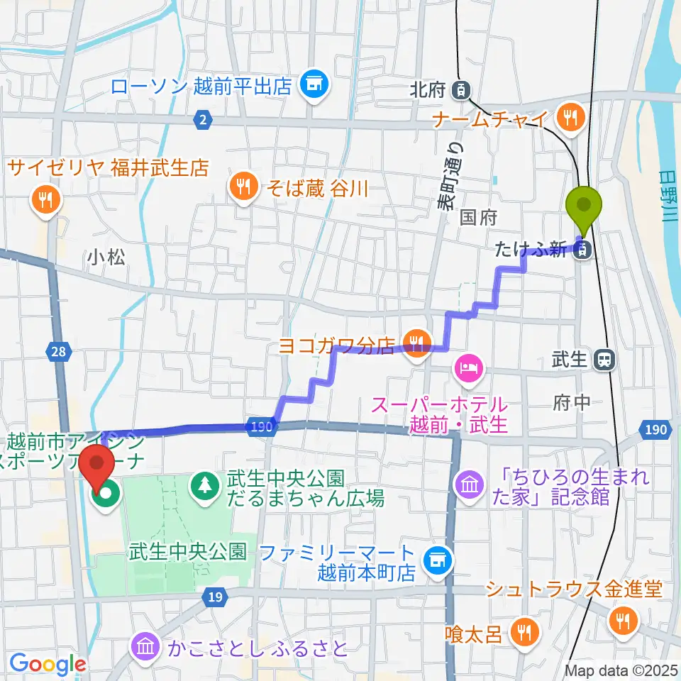 越前武生駅から越前市アイシンスポーツアリーナへのルートマップ地図