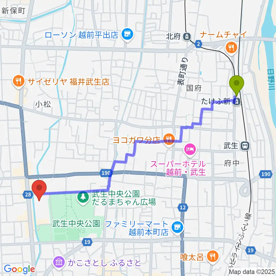 越前武生駅から越前市アイシンスポーツアリーナへのルートマップ地図