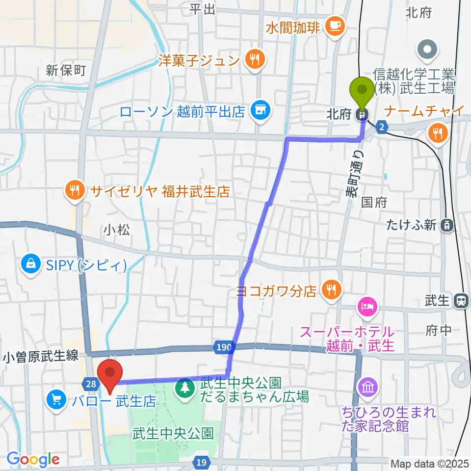 北府駅から越前市アイシンスポーツアリーナへのルートマップ地図