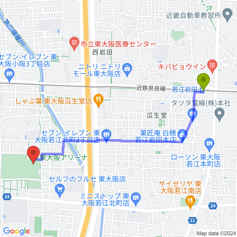 若江岩田駅から東大阪アリーナへのルートマップ地図