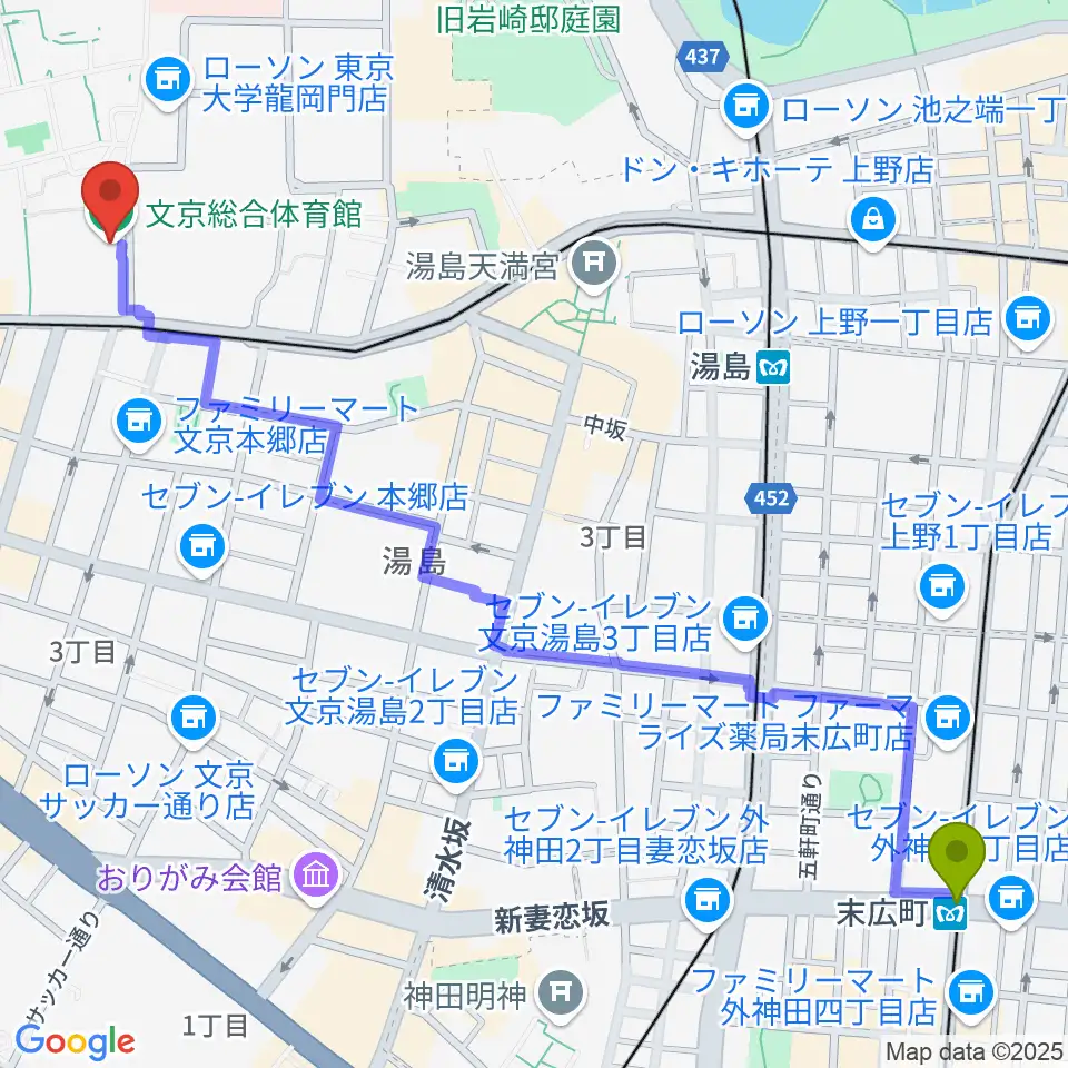 末広町駅から文京総合体育館へのルートマップ地図