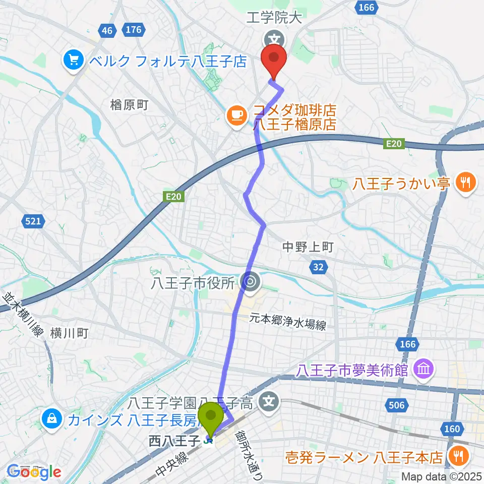 八王子市甲の原体育館の最寄駅西八王子駅からの徒歩ルート（約47分）地図