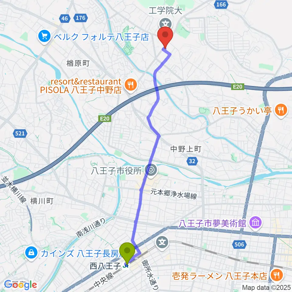 八王子市甲の原体育館の最寄駅西八王子駅からの徒歩ルート（約47分）地図