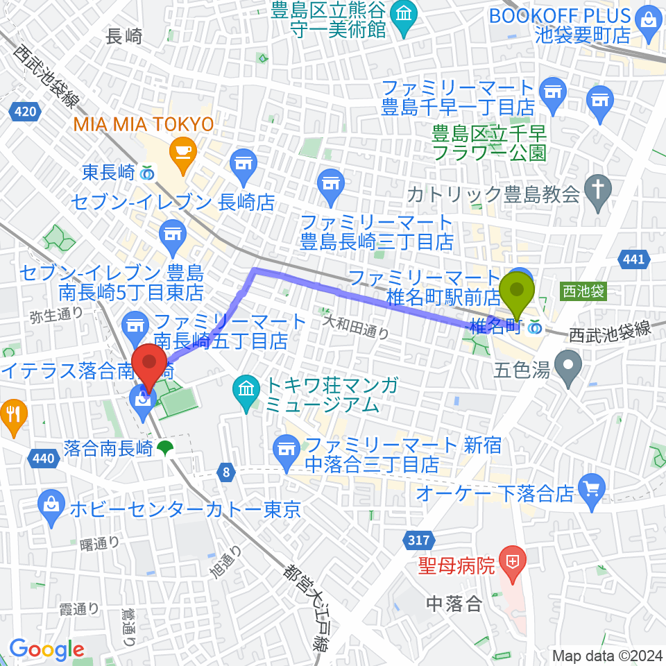 椎名町駅から豊島区南長崎スポーツセンターへのルートマップ地図