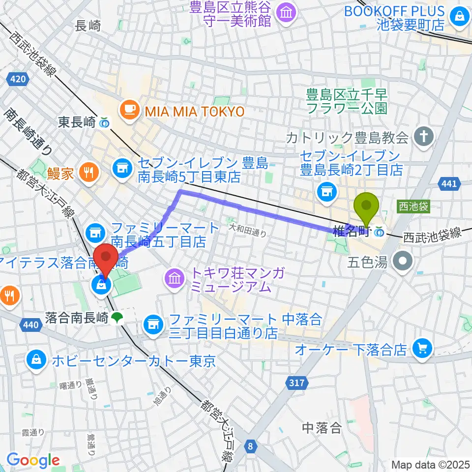 椎名町駅から豊島区南長崎スポーツセンターへのルートマップ地図