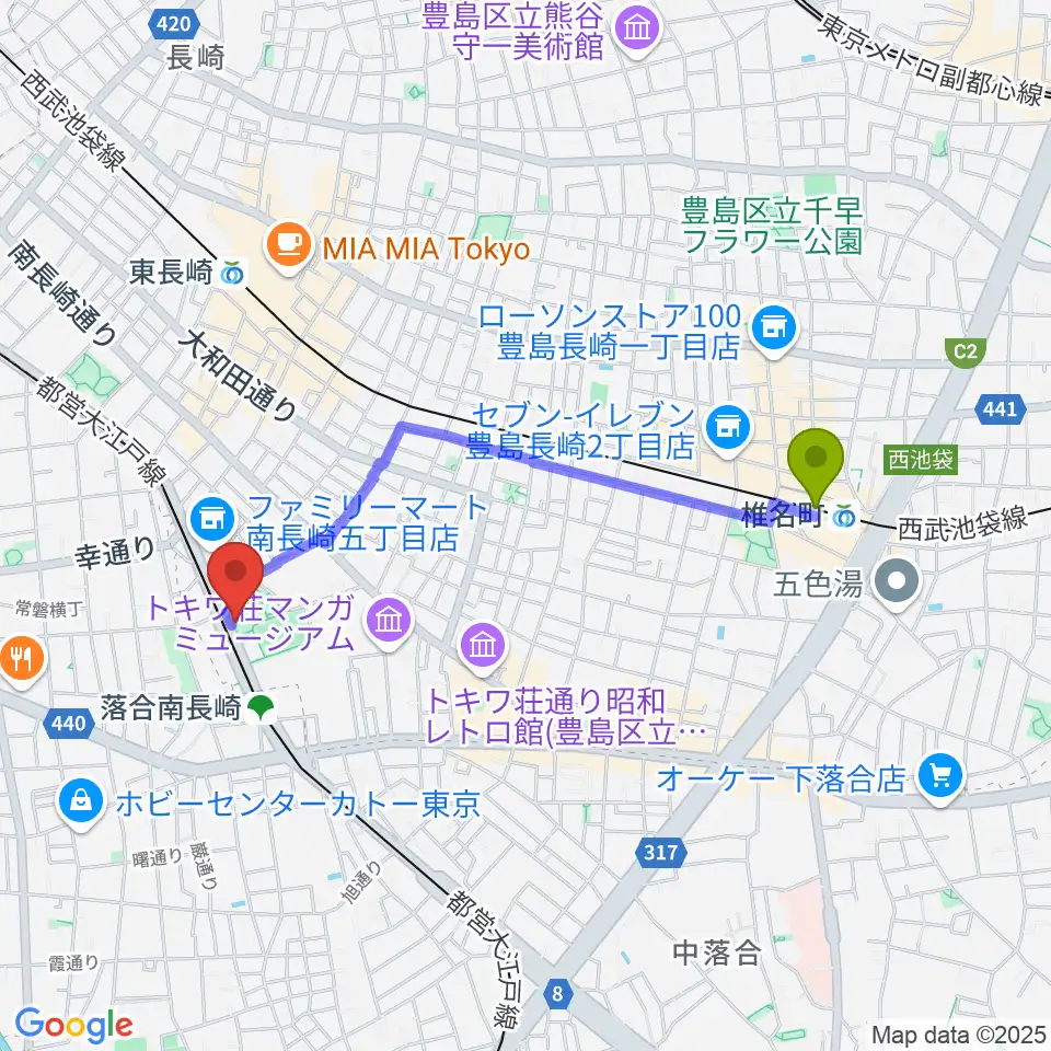 椎名町駅から豊島区南長崎スポーツセンターへのルートマップ地図
