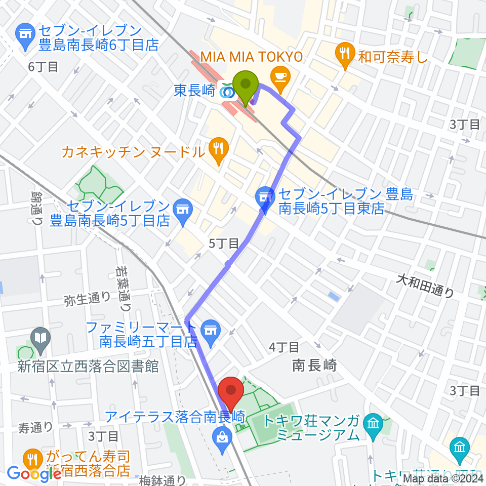 東長崎駅から豊島区南長崎スポーツセンターへのルートマップ地図