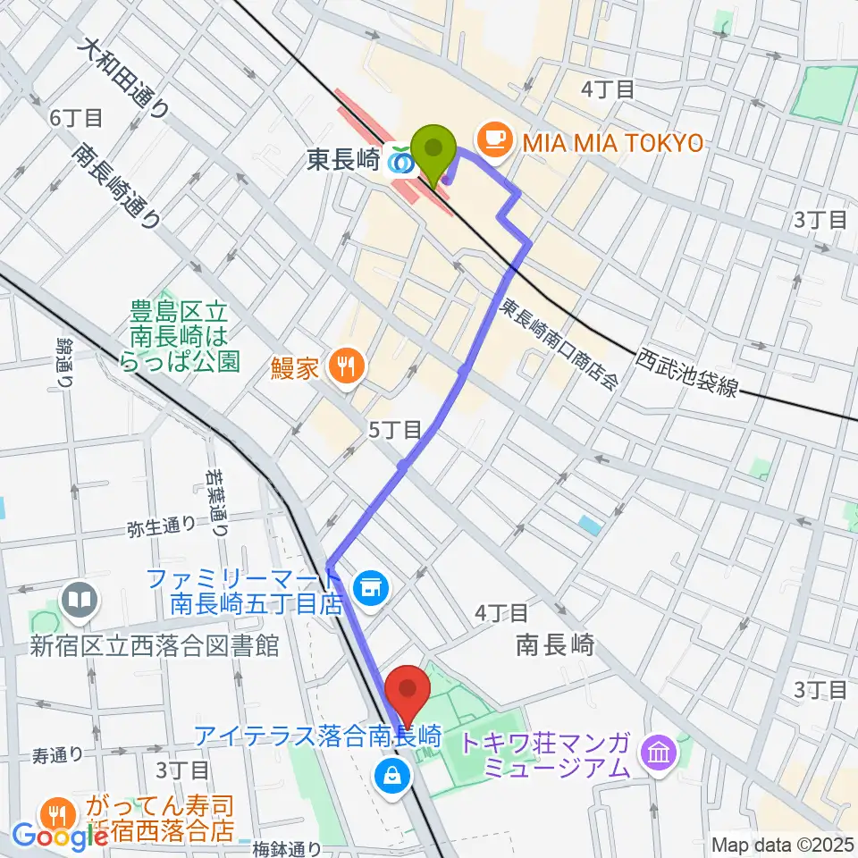 東長崎駅から豊島区南長崎スポーツセンターへのルートマップ地図