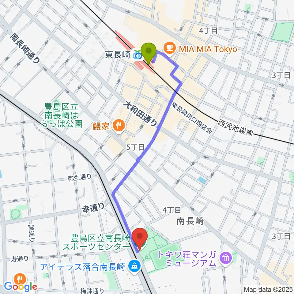 東長崎駅から豊島区南長崎スポーツセンターへのルートマップ地図